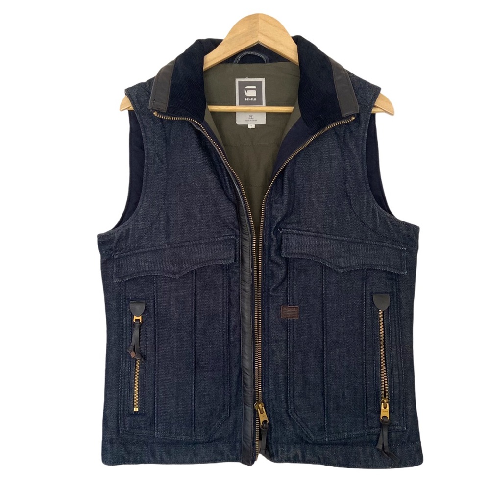 GSTAR RAW Blue Denim Full Zip Moto Vest Large